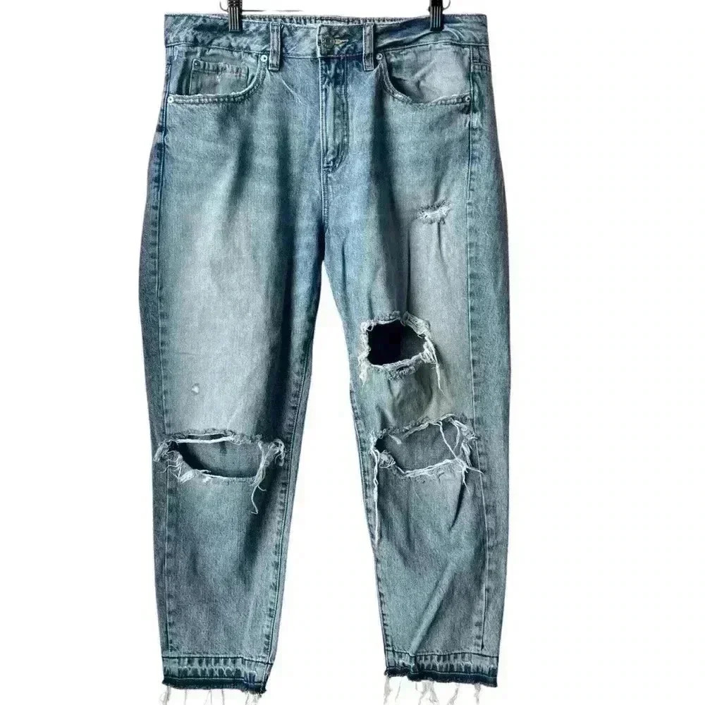 Garage Light Wash Distressed Raw Hem Straight Leg Jeans | Size 13